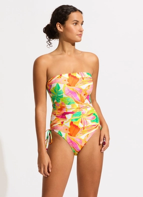 Wonderland DD Drawstring Bandeau One Piece - Fuchsia Rose slimming one piece swimsuits, fashionable one piece suits